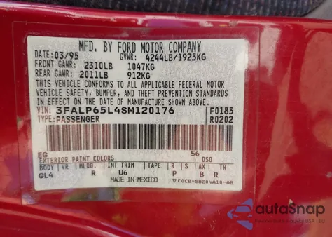 1995 Ford Contour Gl z USA, uszkodzony, nr VIN 3FALP65L4SM120176